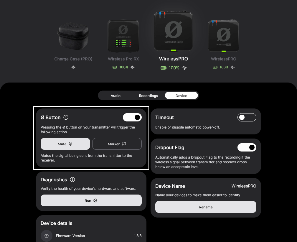Wireless PRO Ø button configuration in RØDE Central